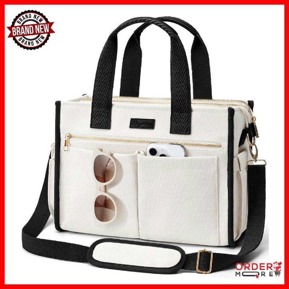Large Canvas Tote Bag with 15 Pockets for Laptop Work Travel
